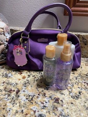 Victoria's Secret Purple Satin Travel Bag with Bath & Body Trio